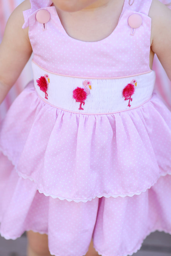 Flamingo Smocked Pink Bitty Dot Ruffle Bubble