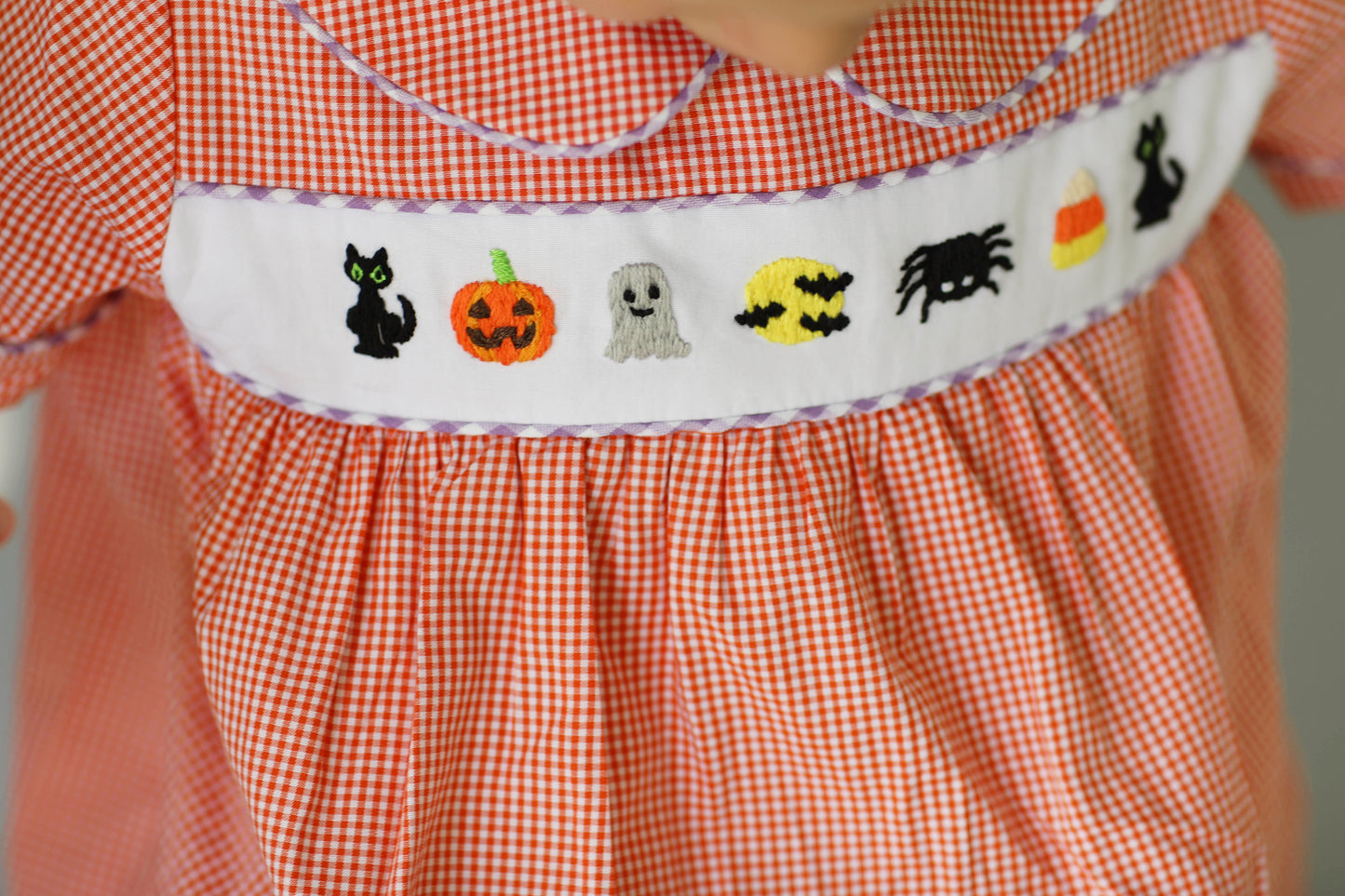 Load image into Gallery viewer, Halloween Embroidered Orange Gingham Boy Bubble
