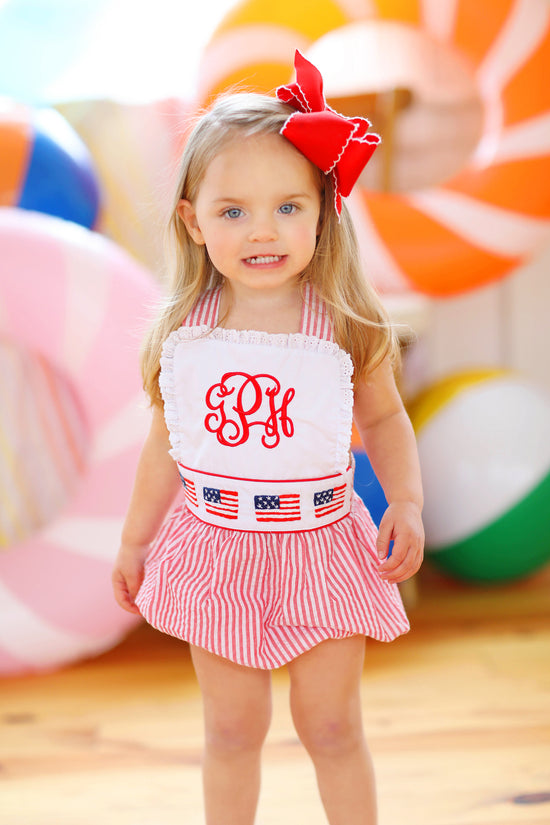 Flag Embroidered Red Seersucker Ruffle Lace Bubble