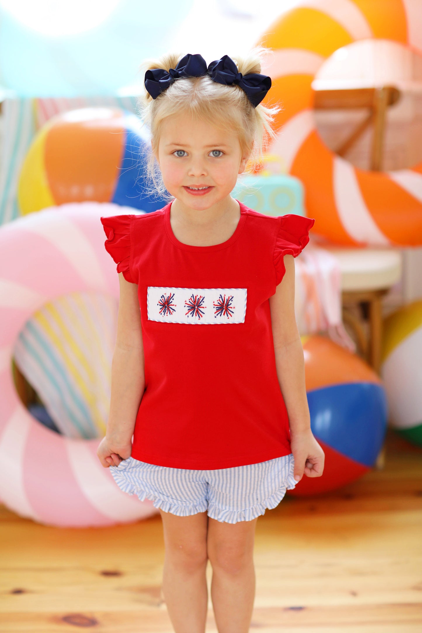 Firework Smocked Blue Seersucker Ruffle Short Set