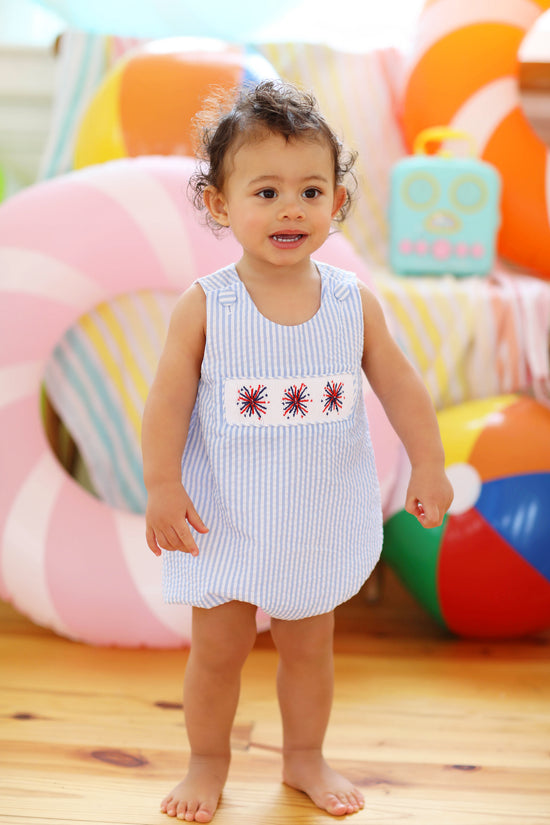 Firework Smocked Blue Seersucker Bubble