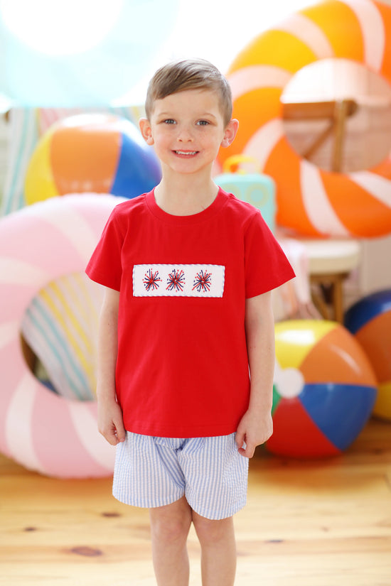 Firework Smocked Blue Seersucker Short Set