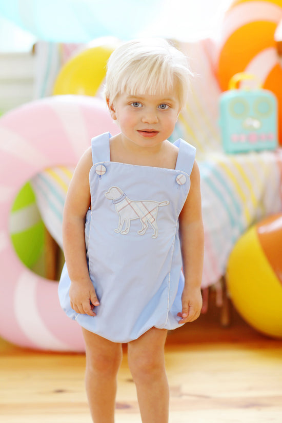 Plaid Dog Appliqué Blue Sunsuit