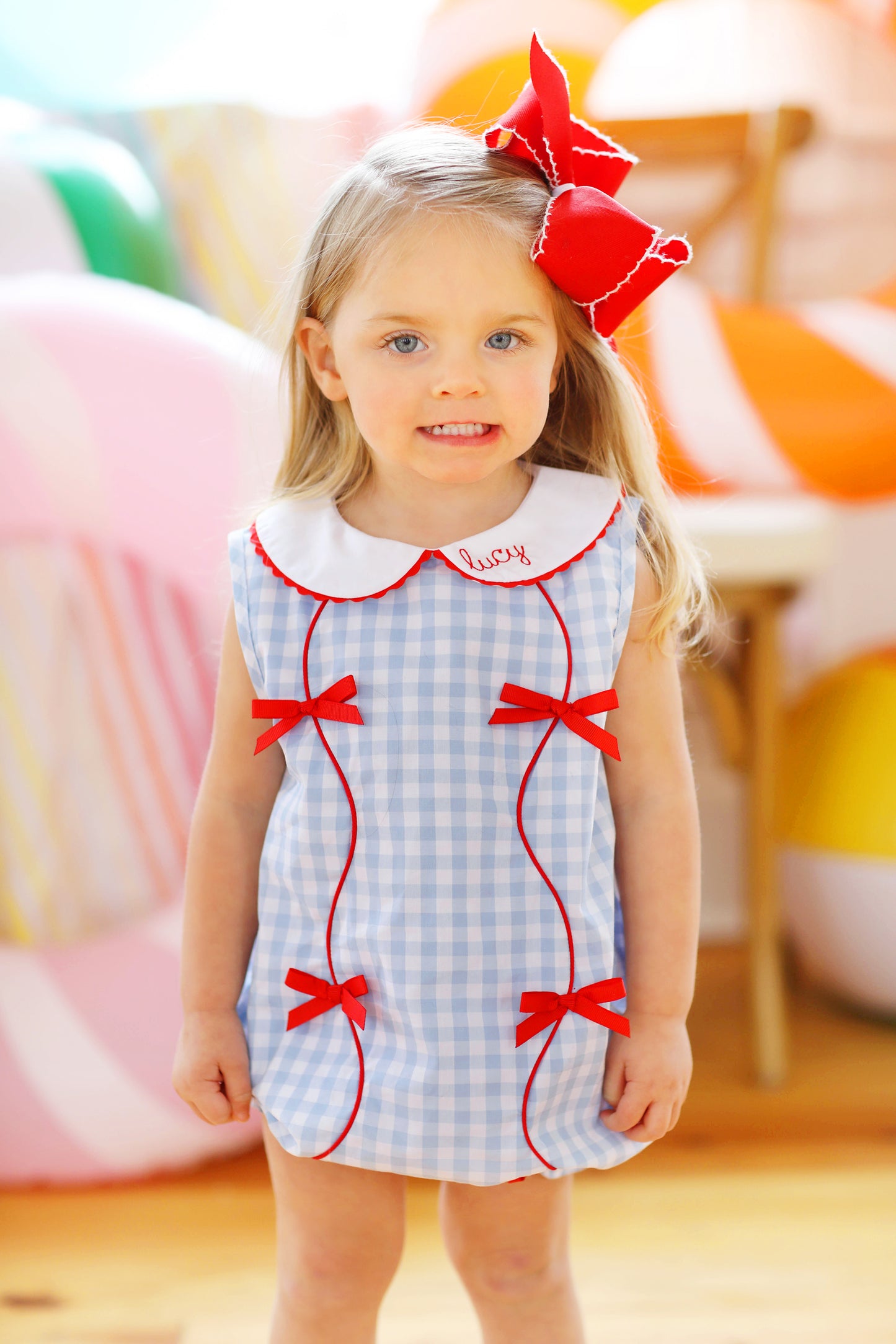 Red Bow Blue Gingham Collared Bubble