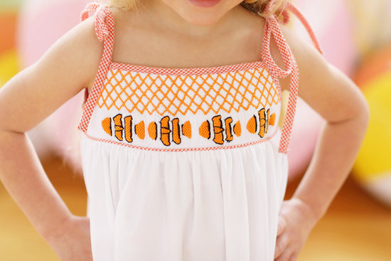 Clownfish Smocked Orange Gingham Tie Shoulder Dress