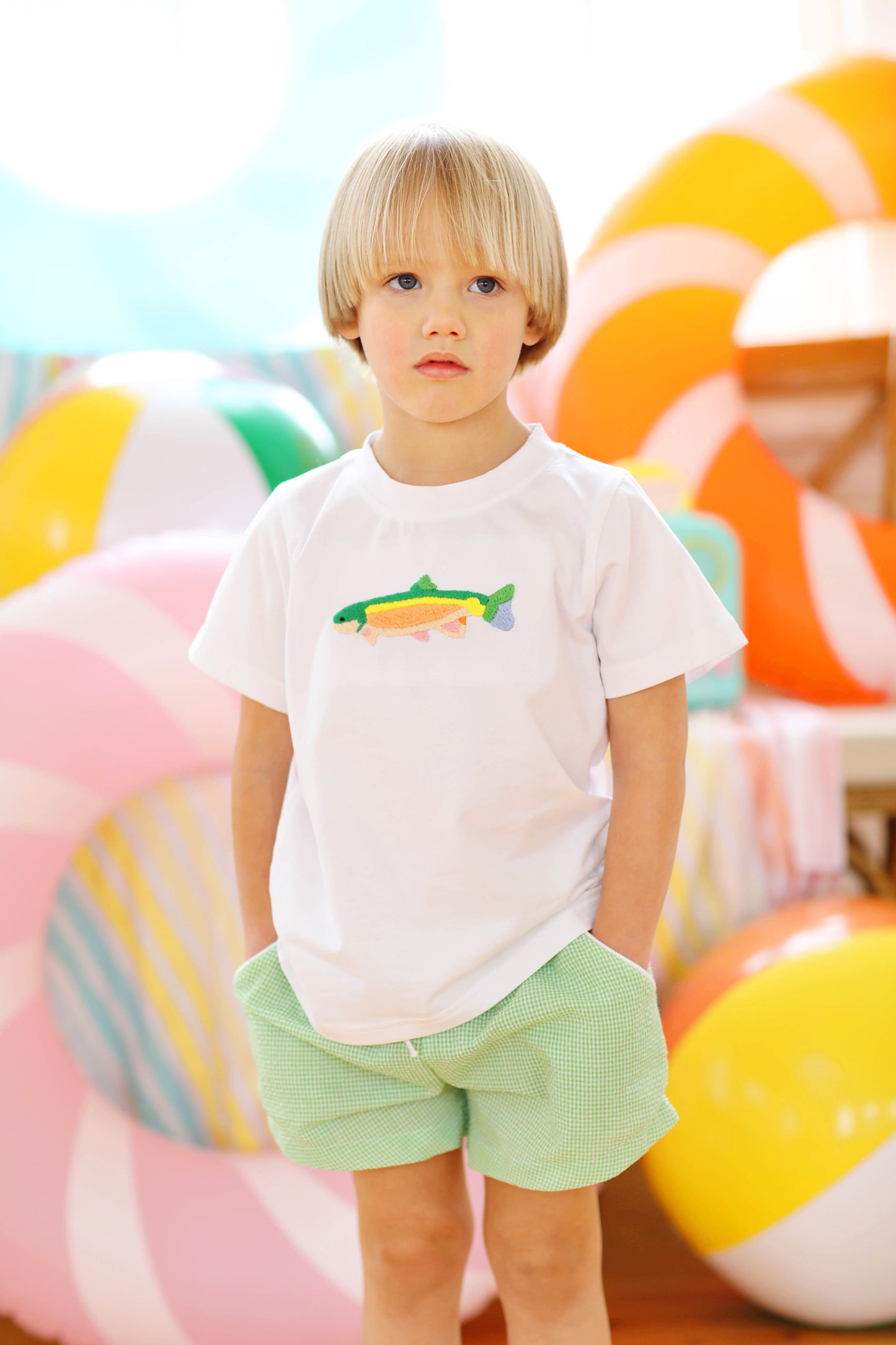 Rainbow Trout Embroidered Green Seersucker Short Set
