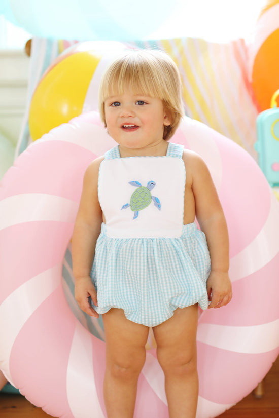 Sea Turtle Embroidered Aqua Seersucker Sunsuit