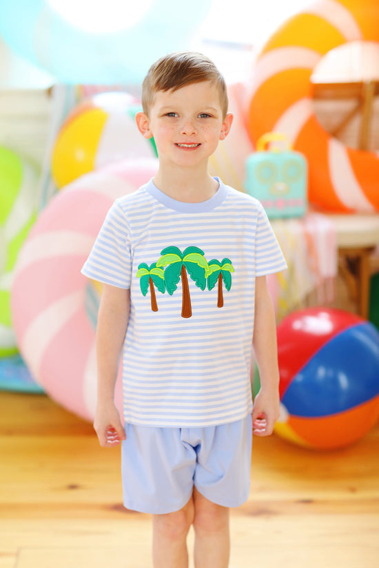 Palm Trees Appliqué Blue Stripe Knit Short Set