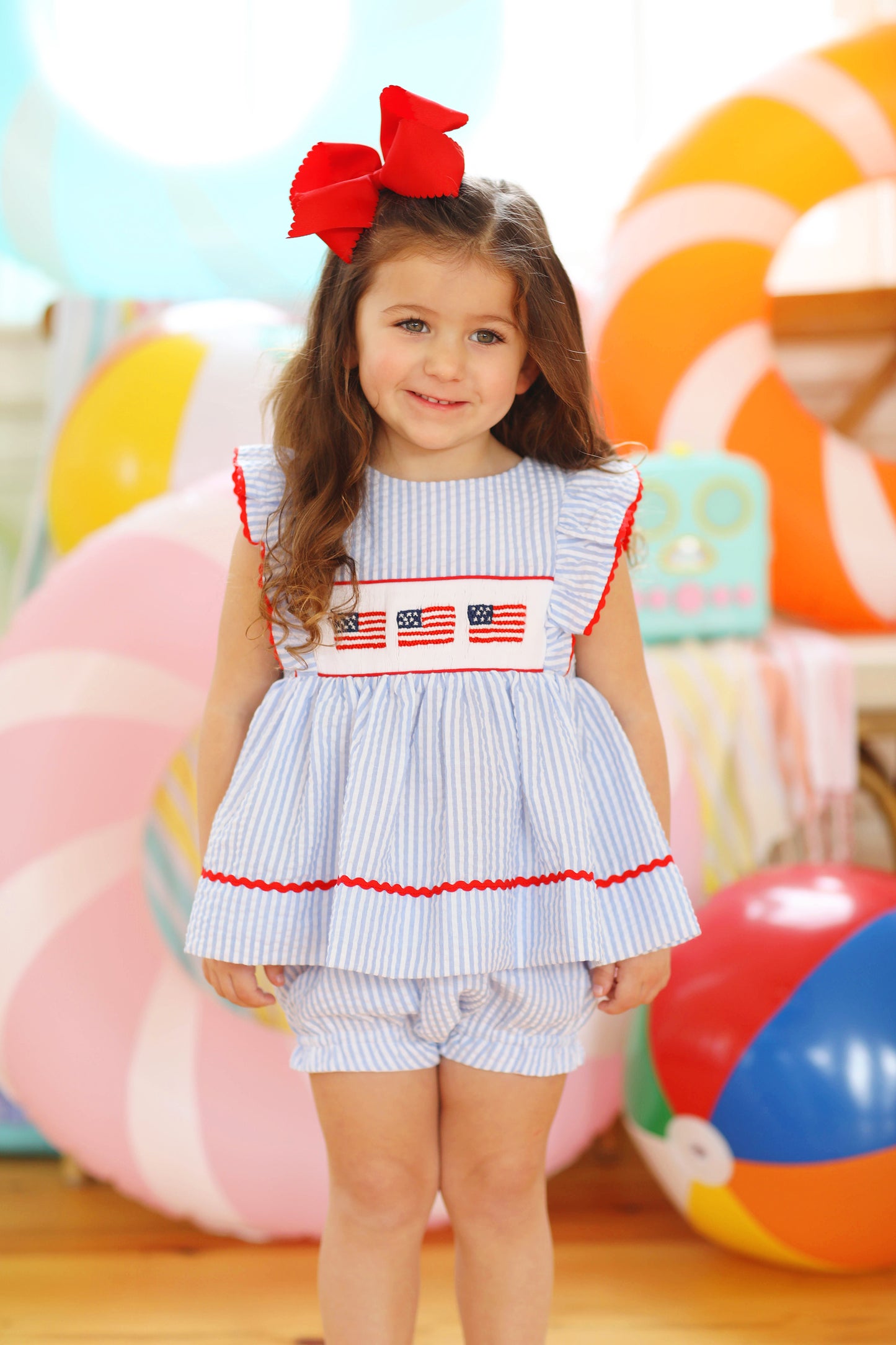 Flag Smocked Blue Seersucker Ruffle Bloomer Set