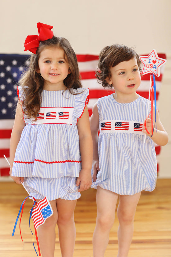 Flag Smocked Blue Seersucker Ruffle Bloomer Set