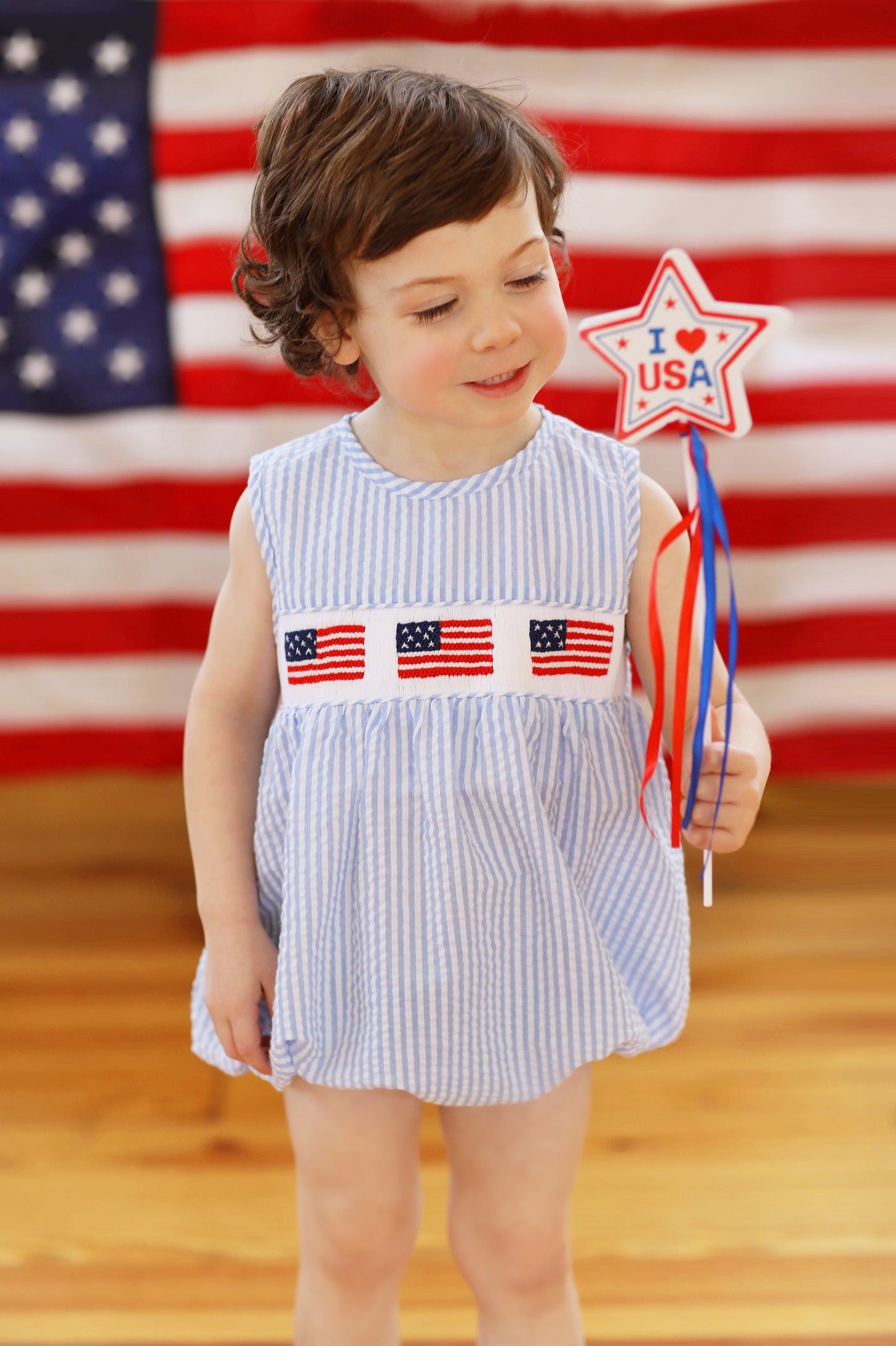 Flag Smocked Blue Seersucker Boy Bubble
