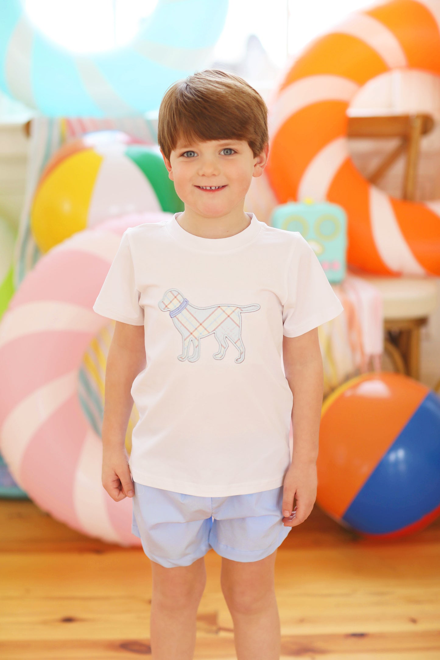 Plaid Dog Appliqué Blue Short Set