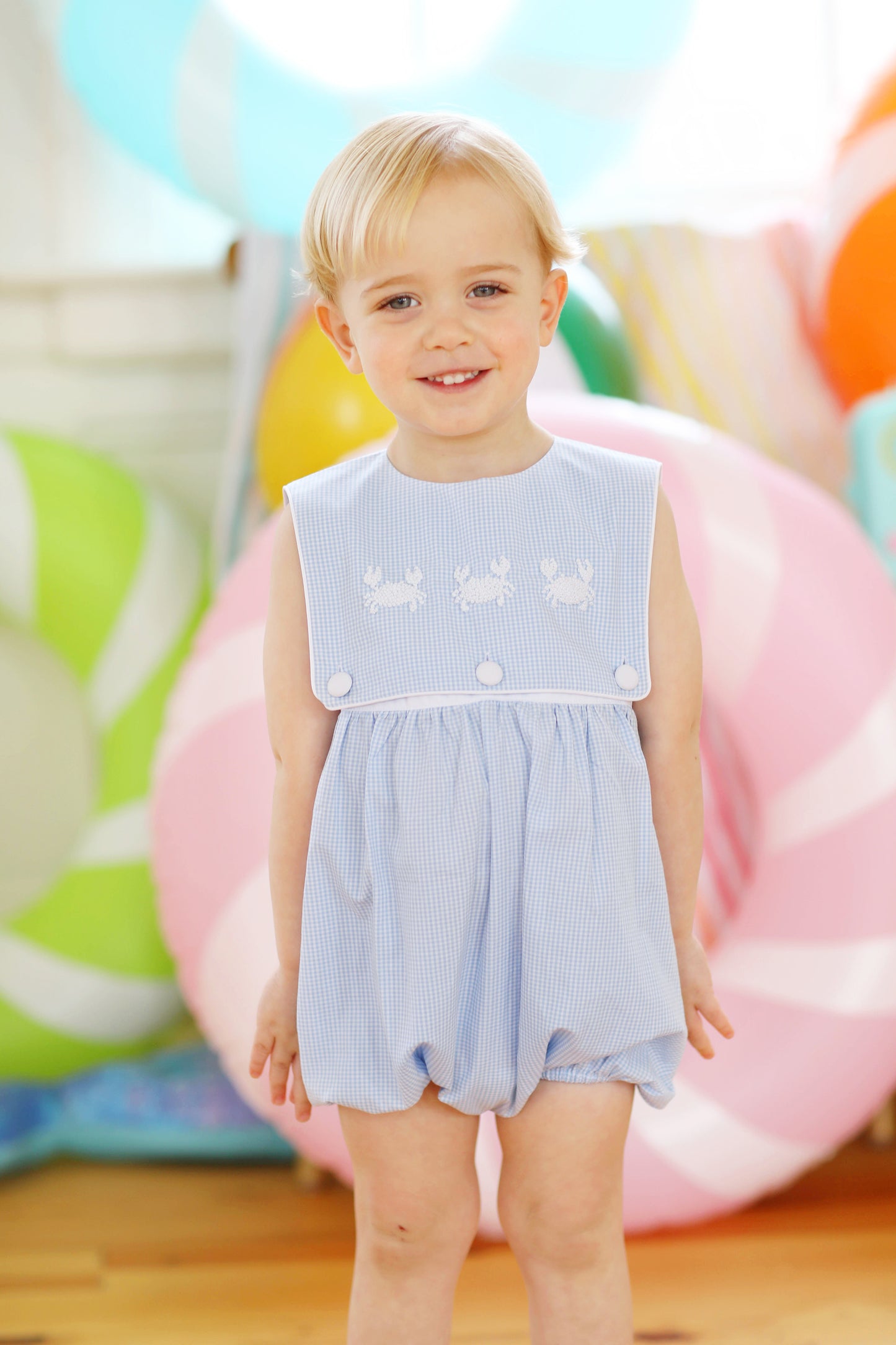 White Crab French Knot Blue Gingham Bubble