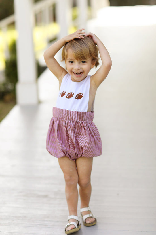 Football Embroidered Maroon Gingham Sunsuit