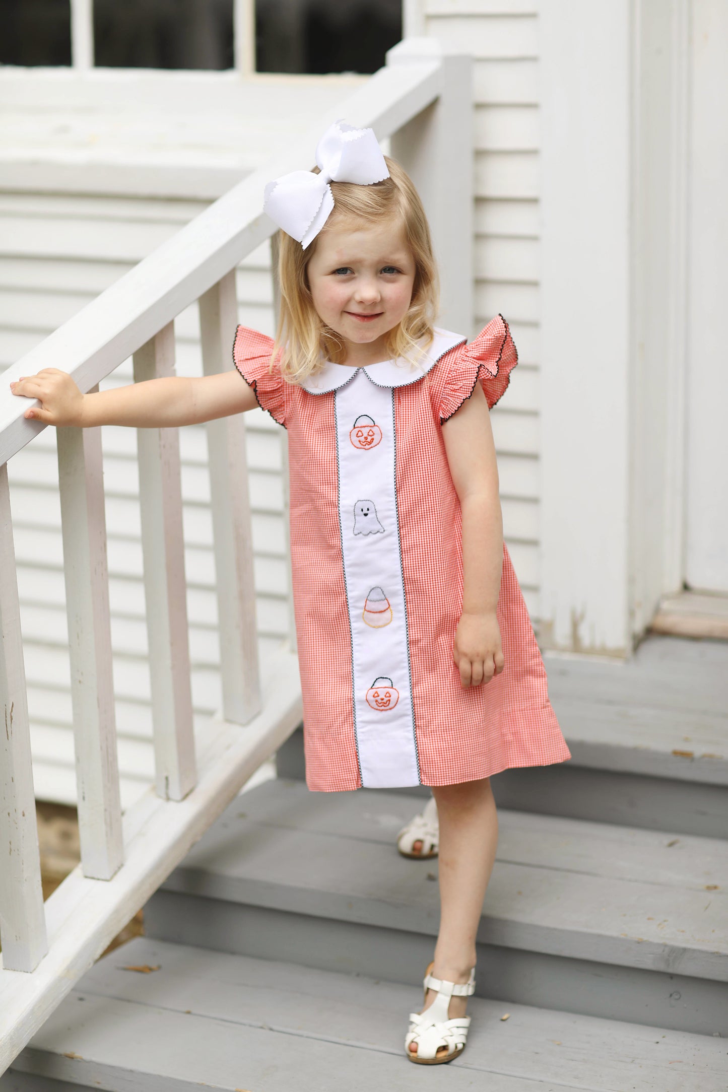 Halloween Shadow Embroidered Orange Gingham Dress