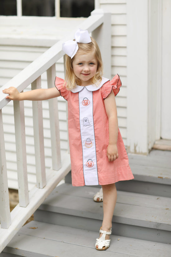 Halloween Shadow Embroidered Orange Gingham Dress