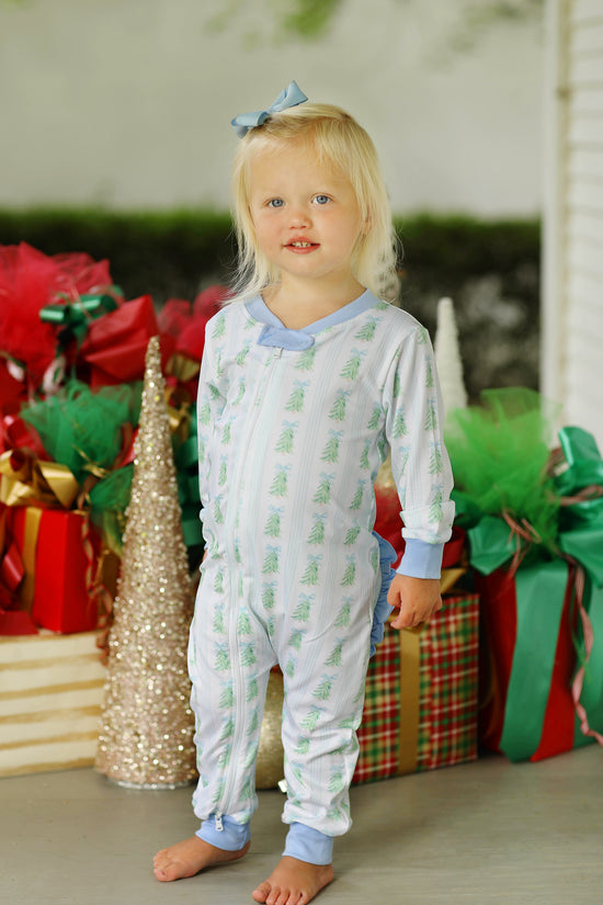 Watercolor Bow Christmas Tree Print Knit Zip Up Ruffle Bottom Pajamas
