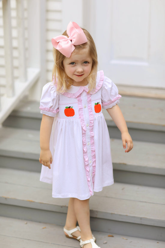 Pumpkin Smocked Pink Bitty Dot Ruffle Dress