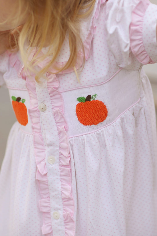 Pumpkin Smocked Pink Bitty Dot Ruffle Dress