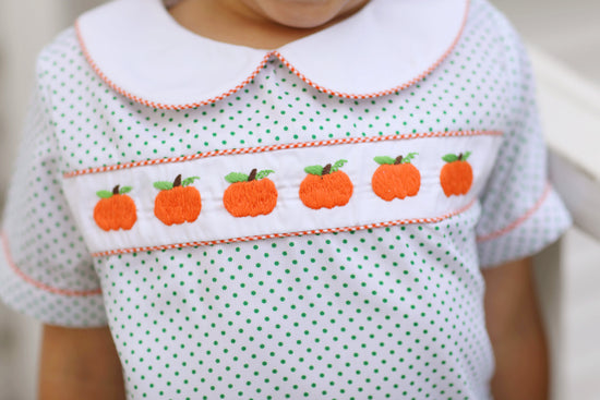 Pumpkin Embroidered Green Bitty Dot Orange Gingham Short Set