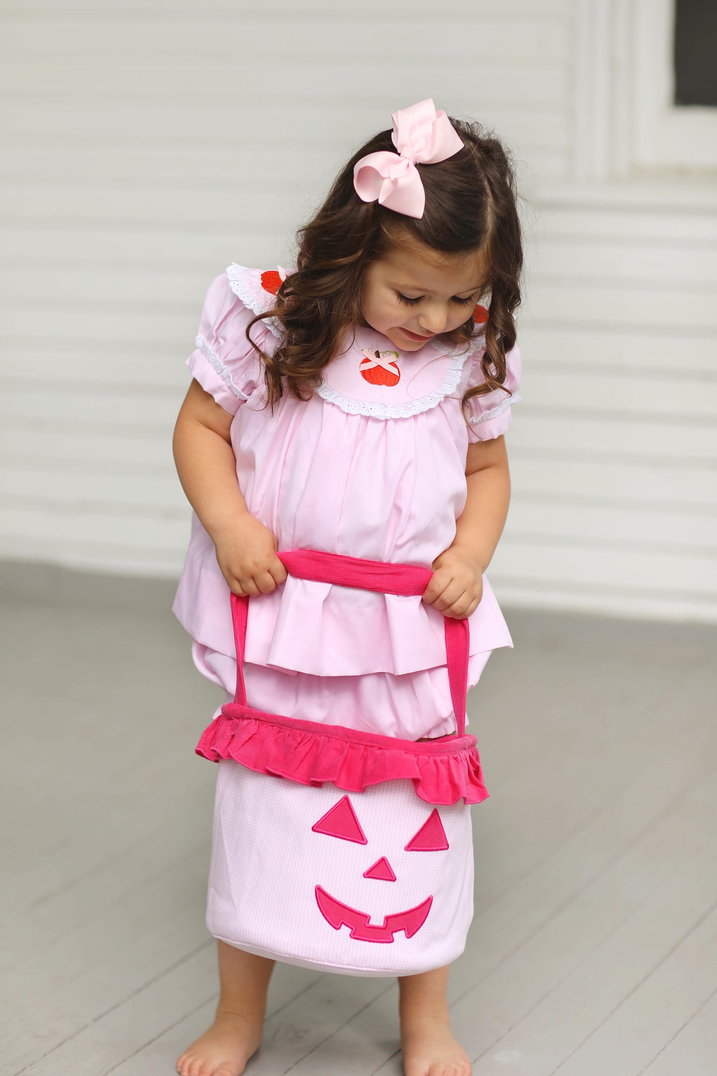 Pink Gingham Ruffle Jack O Lantern Halloween Bucket