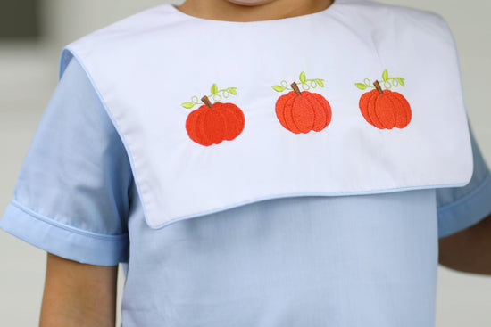 Pumpkin Embroidered Blue Bib Short Set