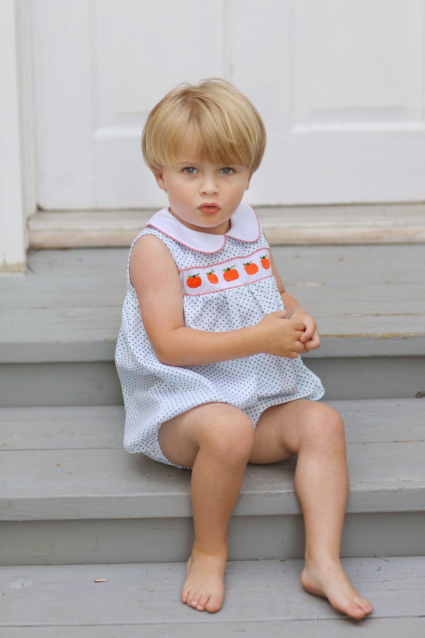 Pumpkin Embroidered Green Bitty Dot Boy Bubble