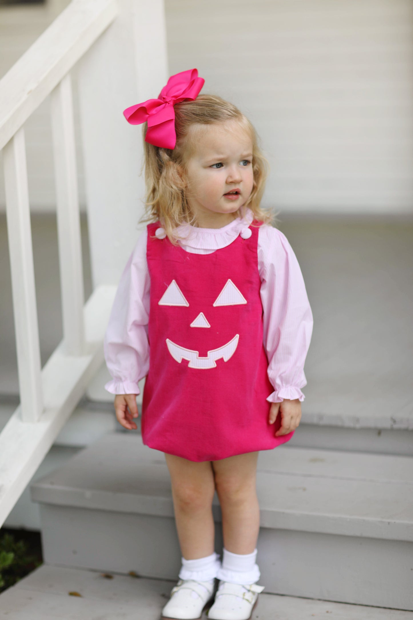 Load image into Gallery viewer, Jack-O-Lantern Applique Pink Gingham Top Hot Pink Corduroy Bubble Set
