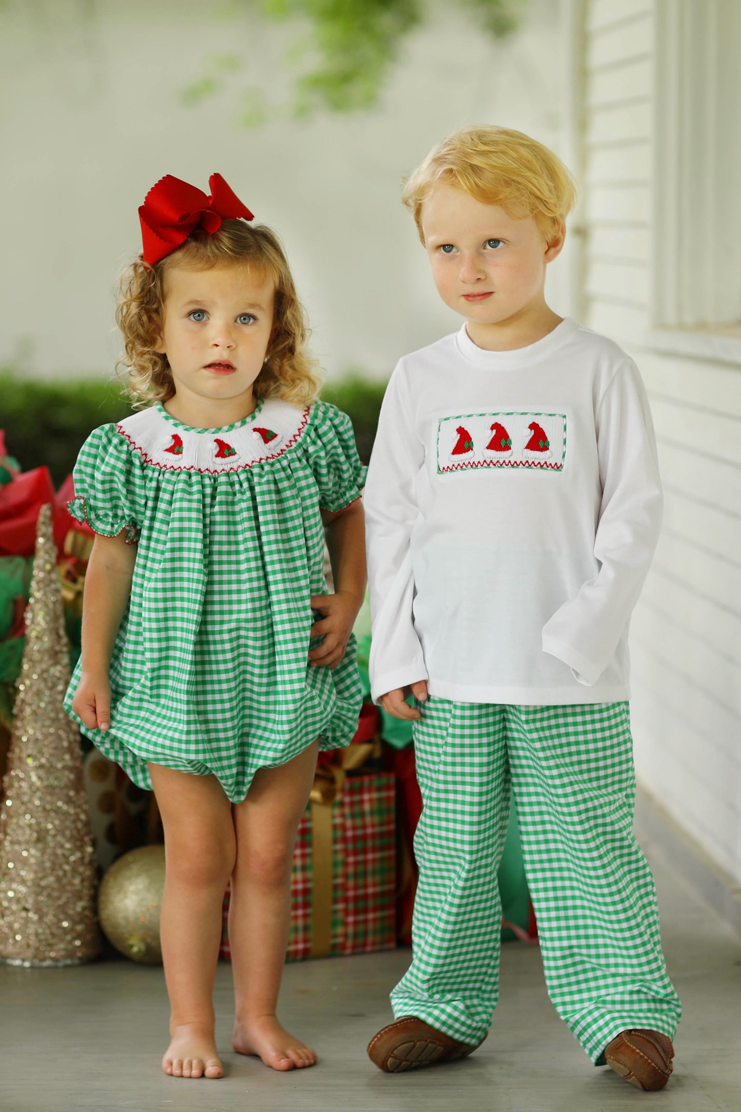 Santa Hat Smocked Green Gingham Pant Set
