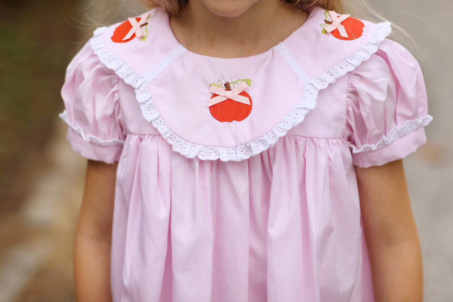 Pumpkin Embroidered Pink Eyelet Lace Dress