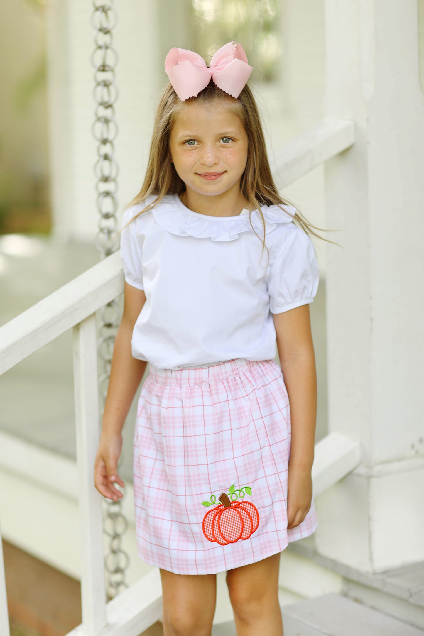 Pumpkin Applique Pink Plaid Skirt Set