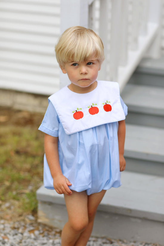 Pumpkin Embroidered Blue Bib Bubble