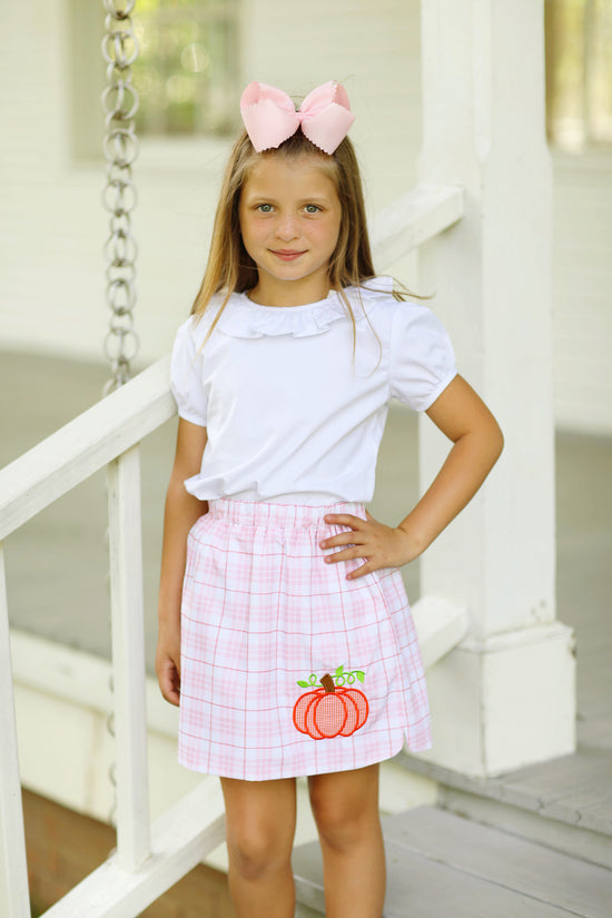Pumpkin Applique Pink Plaid Skirt Set