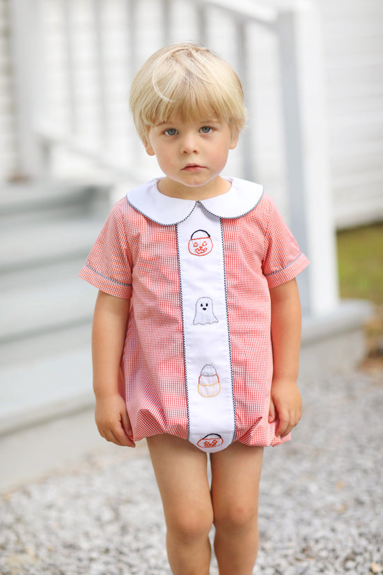 Halloween Shadow Embroidered Orange Gingham Boy Bubble