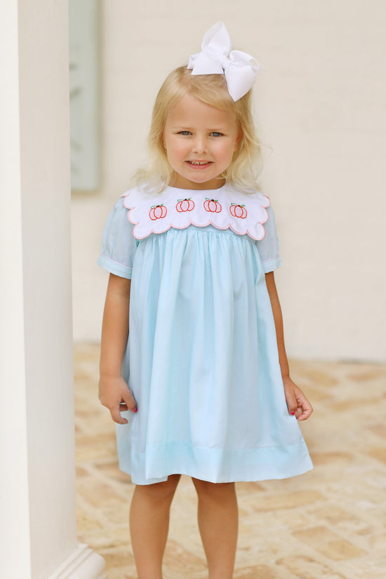 Pumpkin Shadow Embroidered Seafoam Scalloped Bib Dress