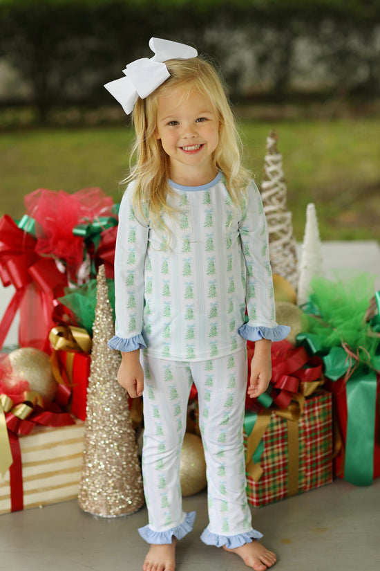 Watercolor Bow Christmas Tree Print Knit Ruffle Pajamas Set