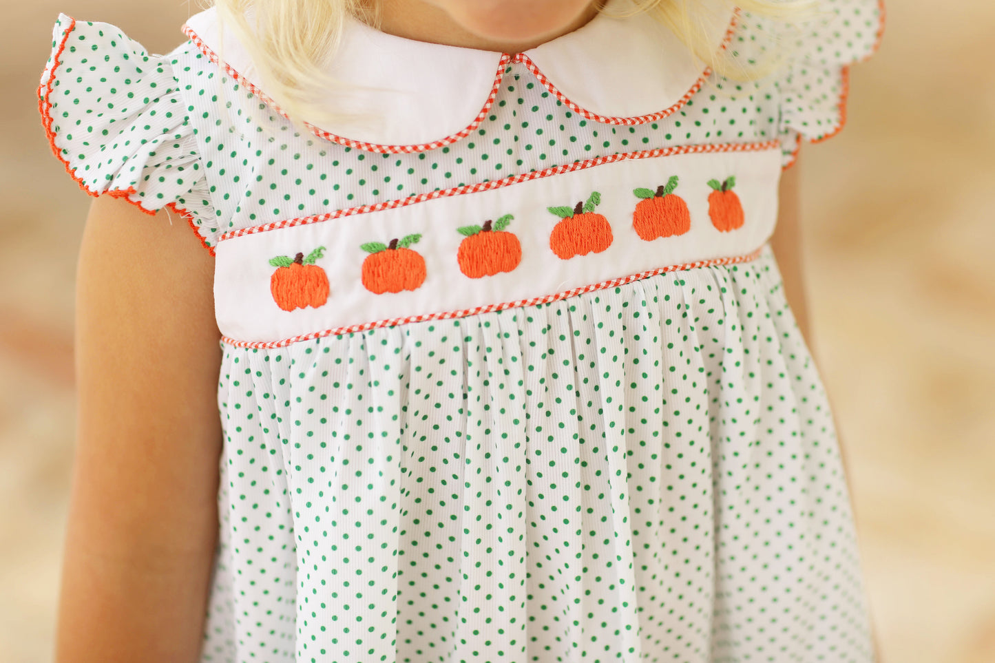 Pumpkin Embroidered Green Bitty Dot Angel Wing Dress