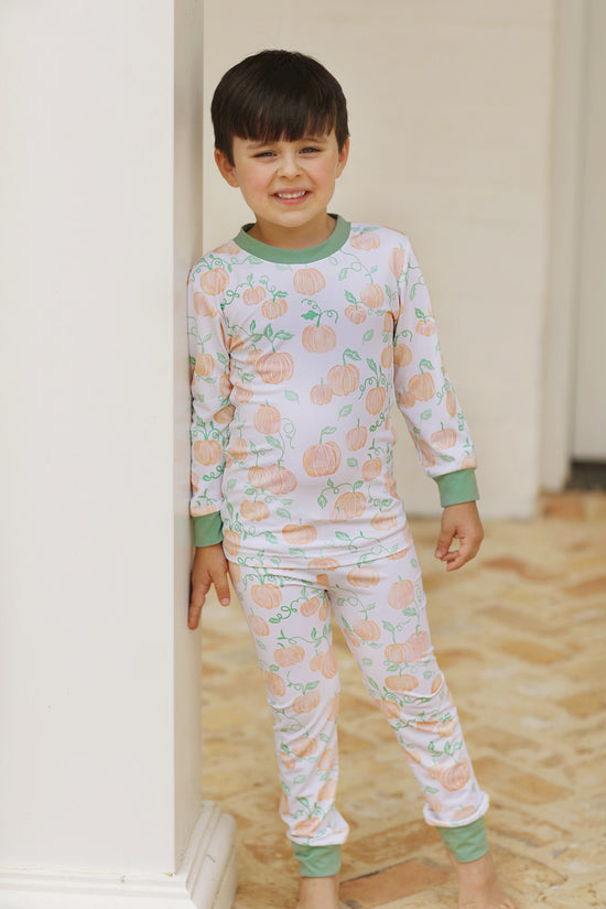 Knit Pumpkin Print Sage Trim Pajamas