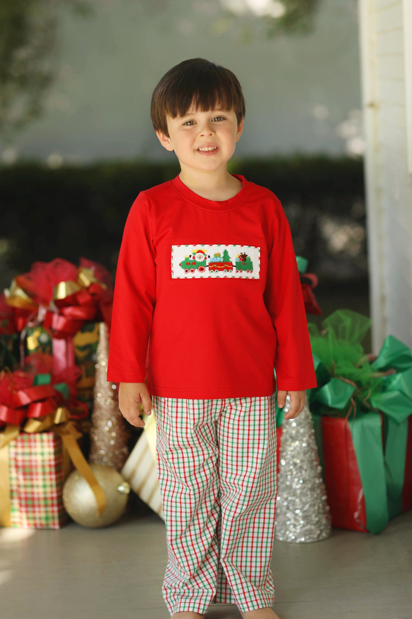 Toy Train Smocked Red Green Plaid Pant Set