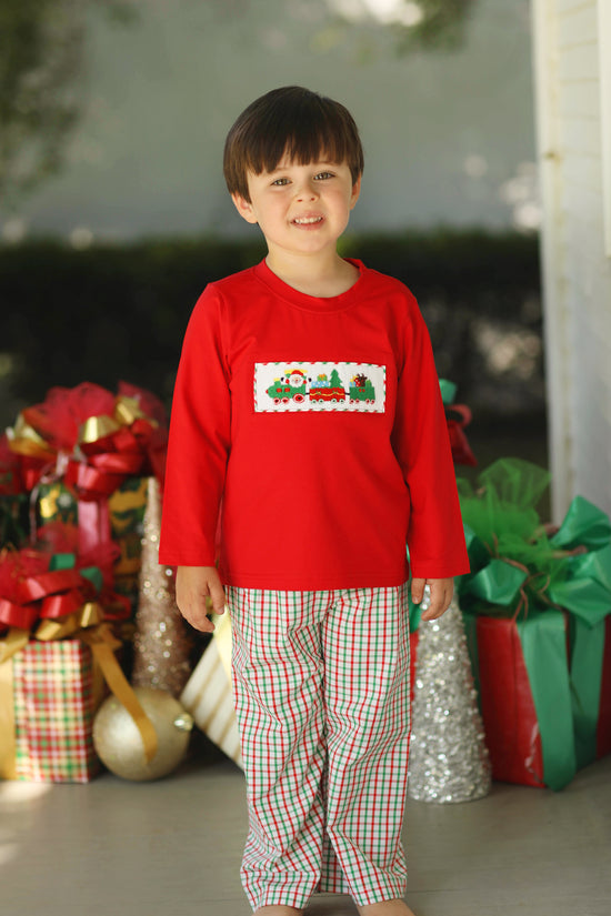 Toy Train Smocked Red Green Plaid Pant Set