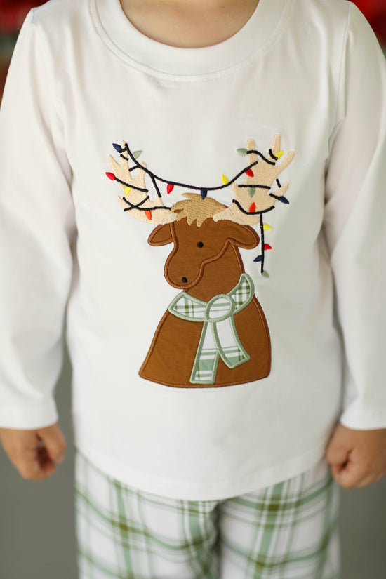 Holiday Moose Applique Green Plaid Pant Set