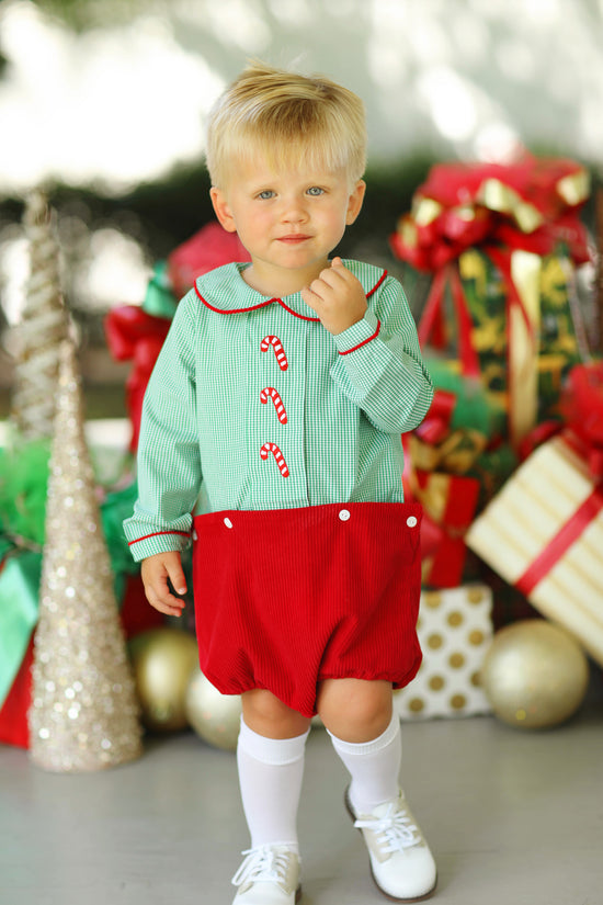 Candy Cane Embroidered Green Gingham Red Corduroy Button On Diaper Set