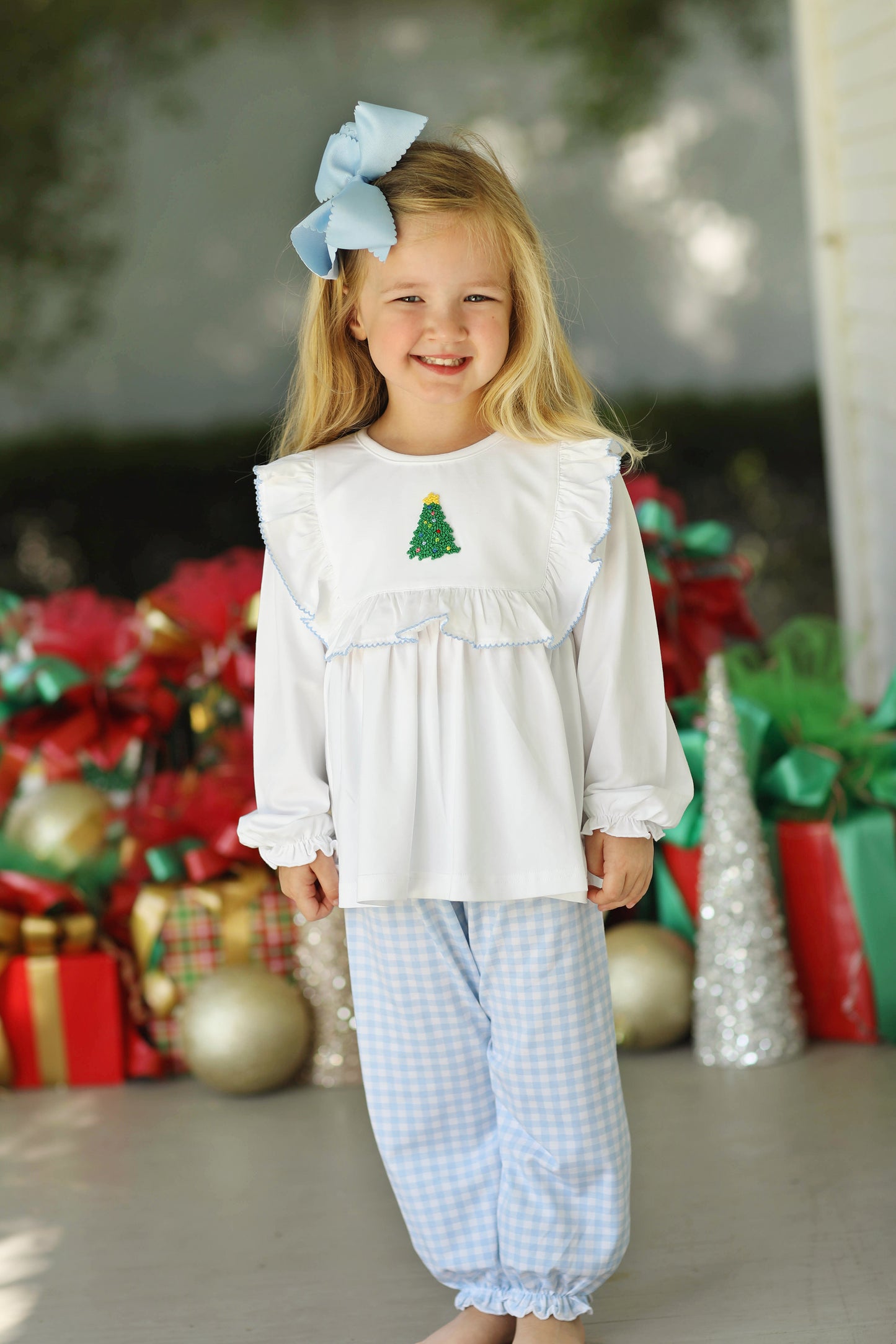 Christmas Tree French Knot Blue Gingham Knit Bubble Pant Set