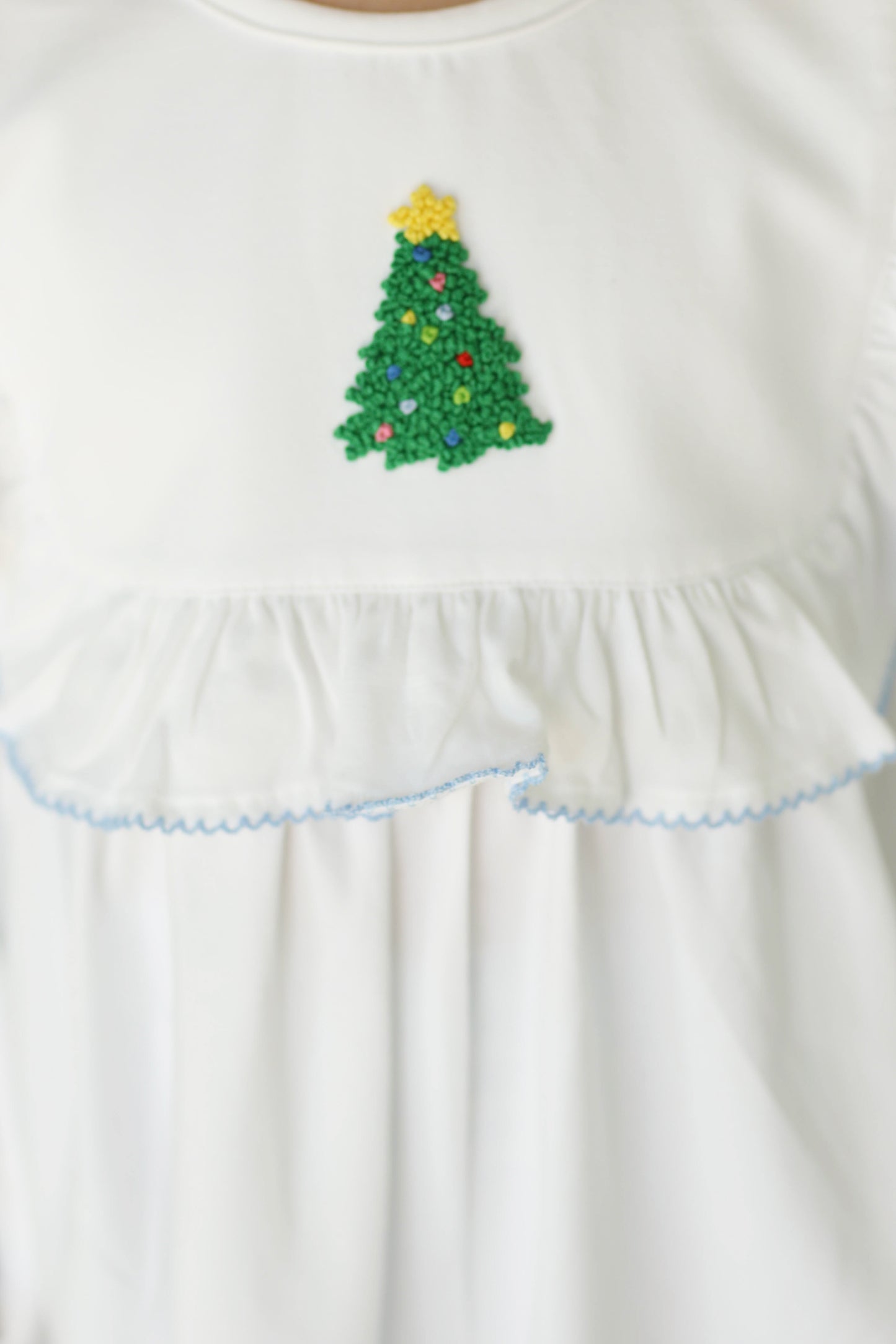 Christmas Tree French Knot Blue Gingham Knit Bubble Pant Set