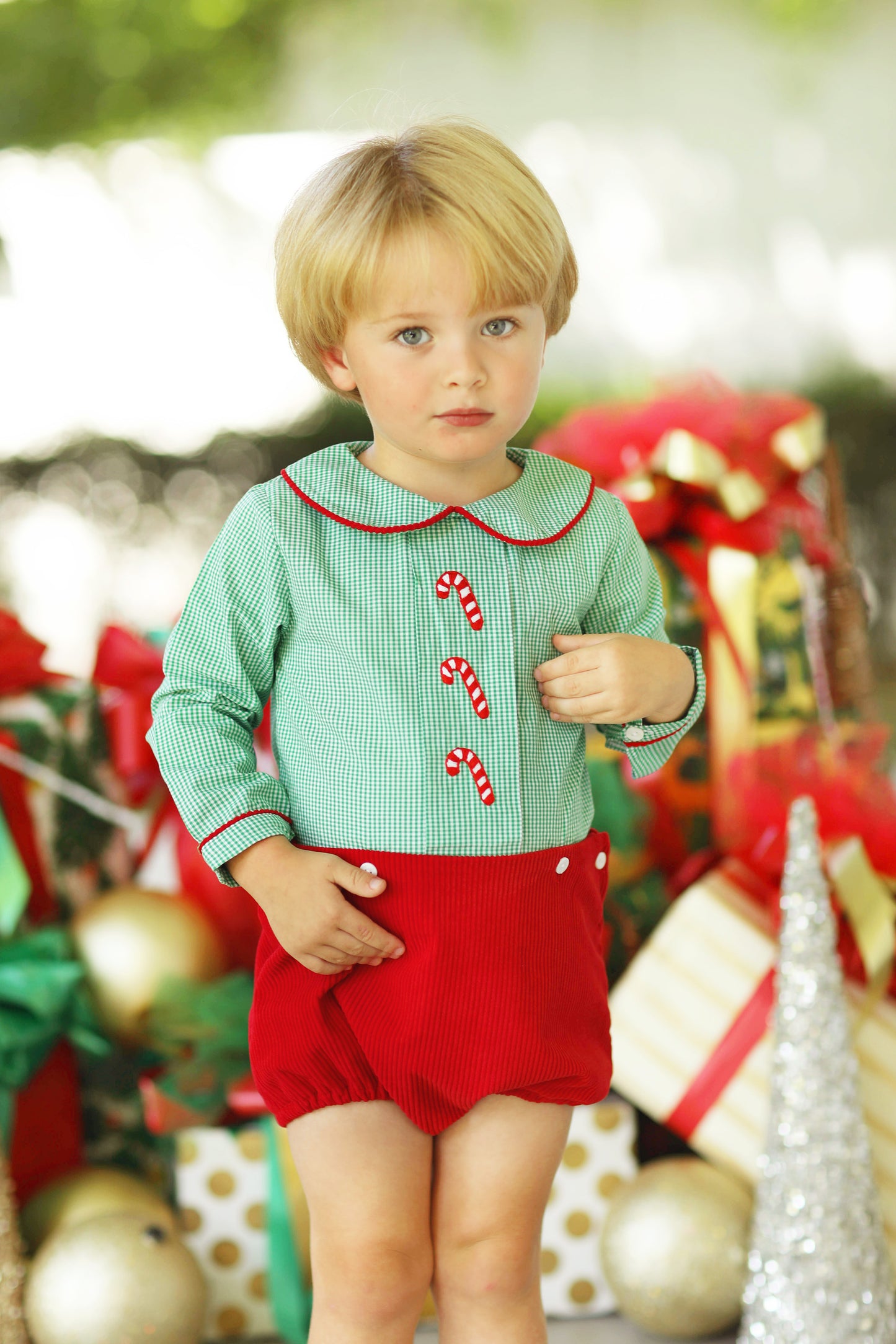 Candy Cane Embroidered Green Gingham Red Corduroy Button On Diaper Set