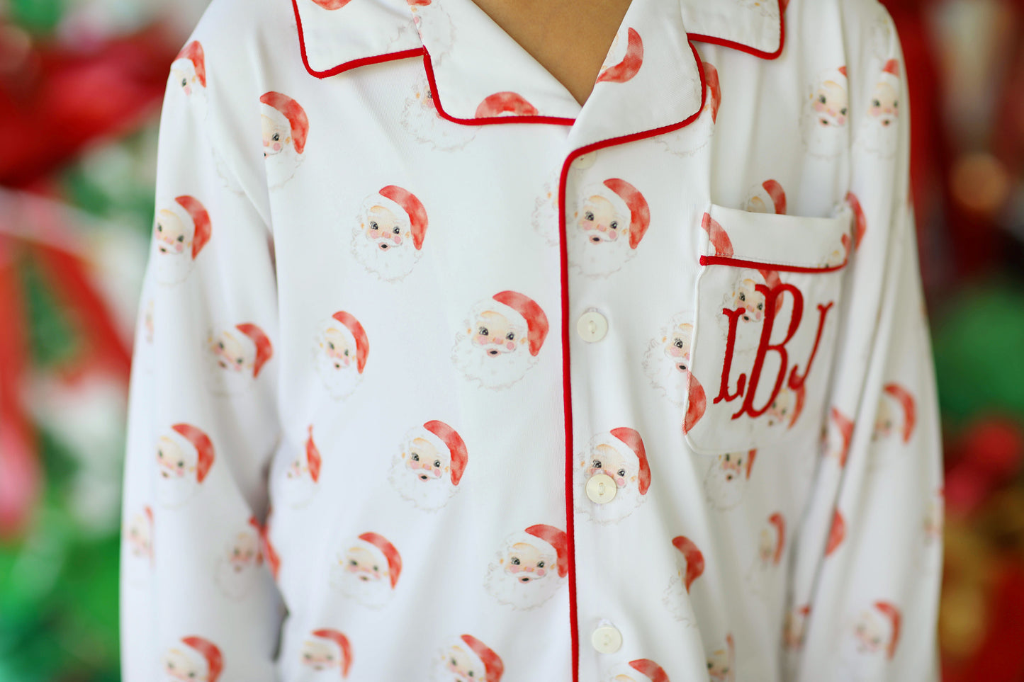 Red Santa Jersey Knit Button Down Pajama Set