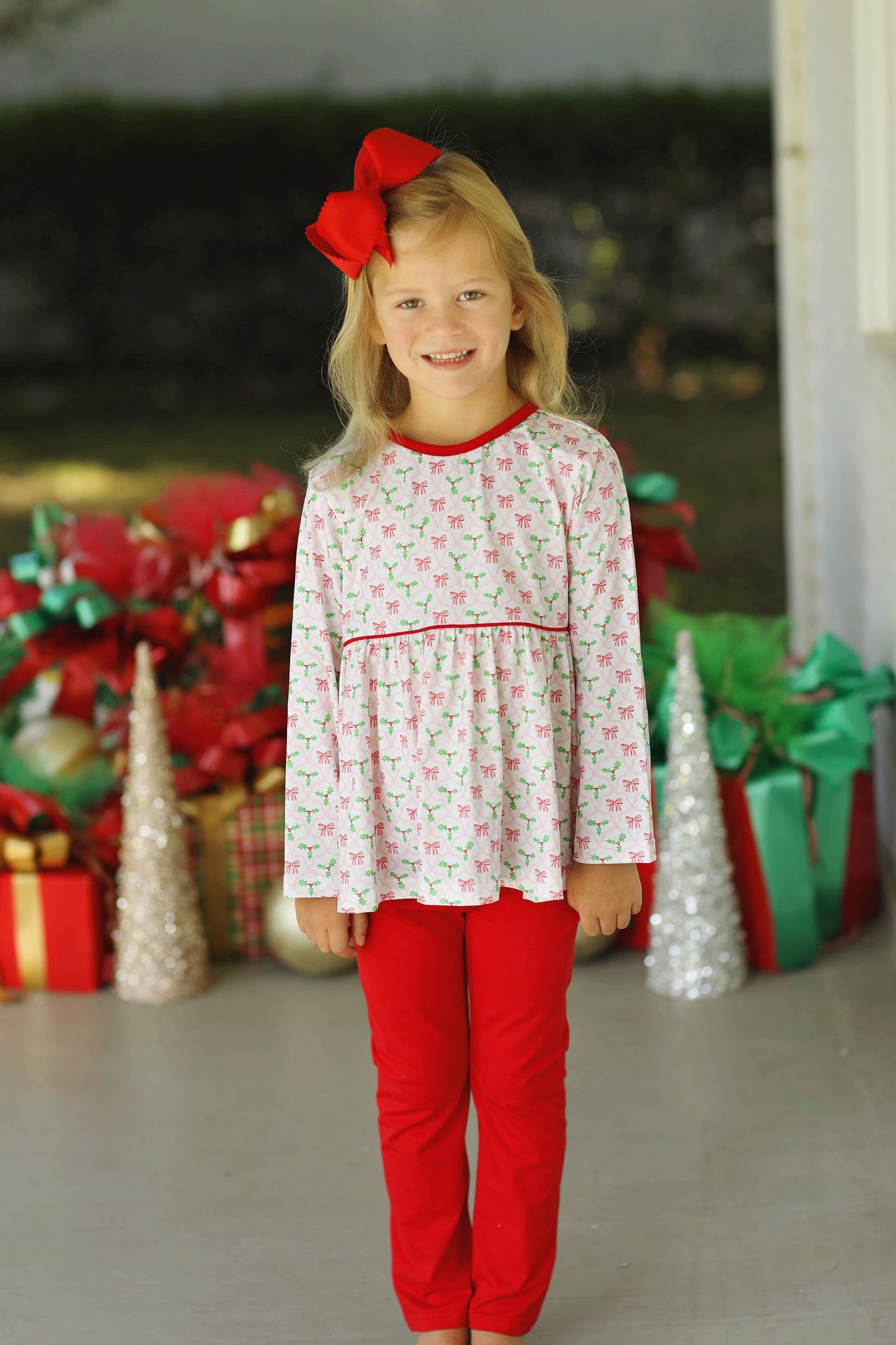 Holly Bow Print Red Knit Legging Set