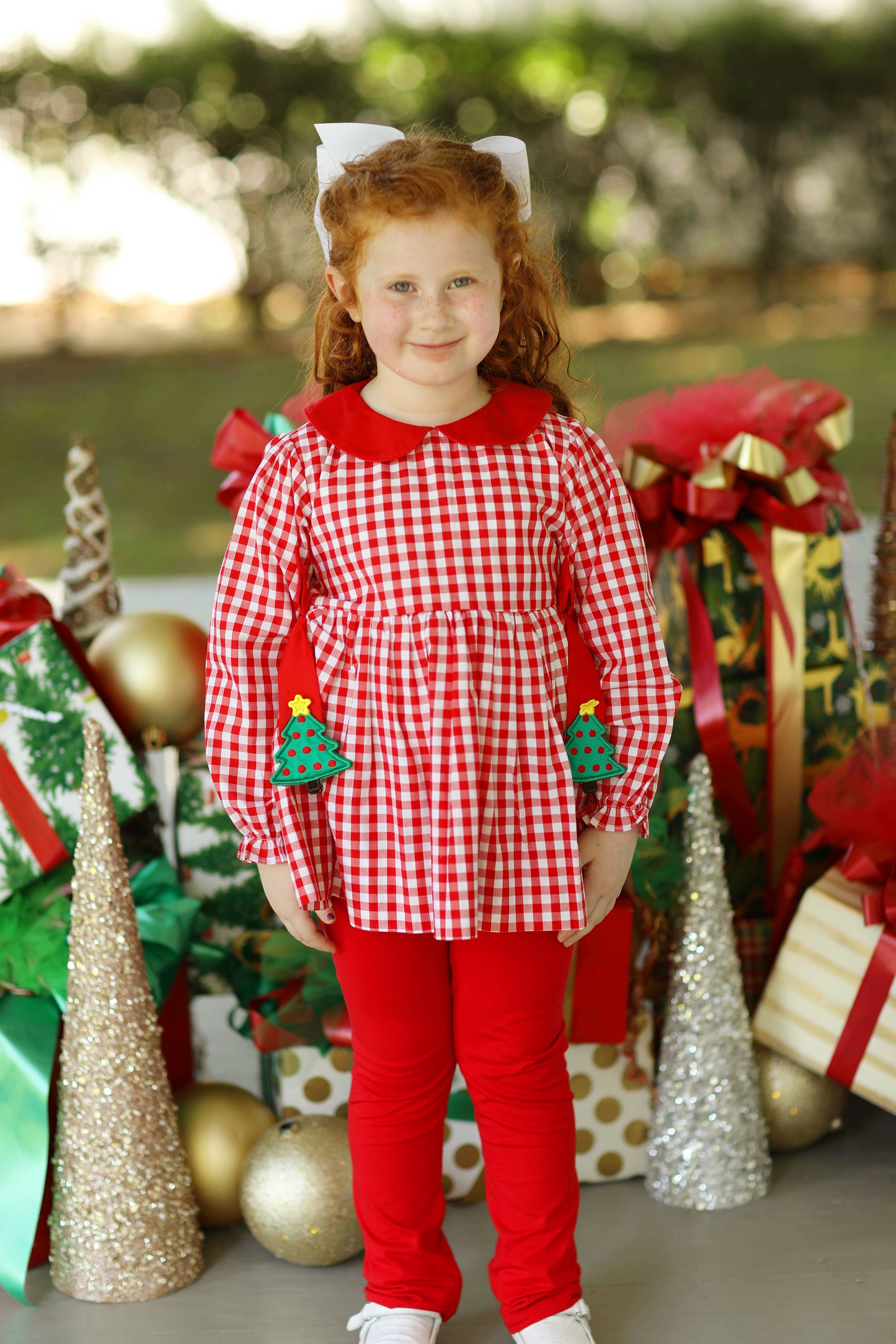 Christmas Tree Applique Red Bow Gingham Legging Set