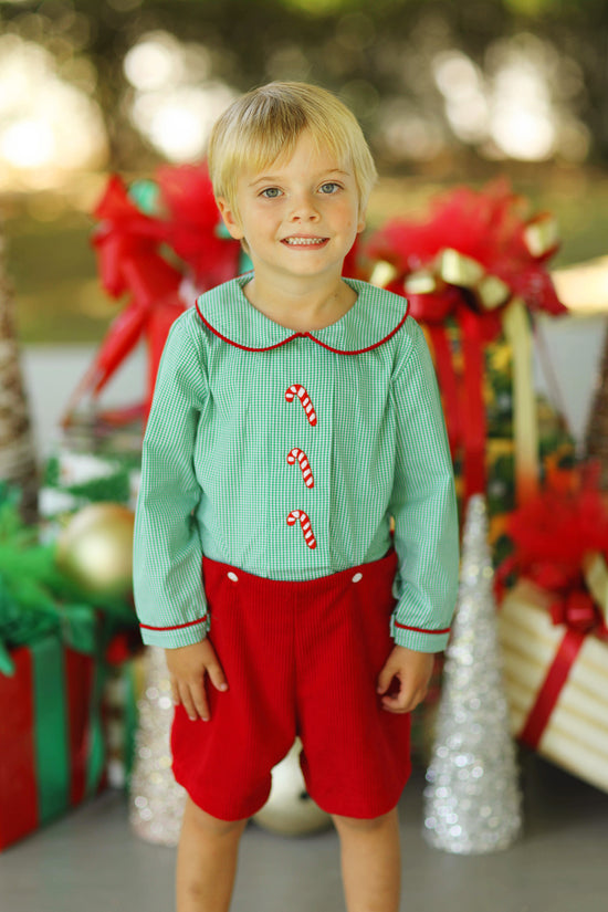 Candy Cane Embroidered Green Gingham Red Corduroy Button On Short Set