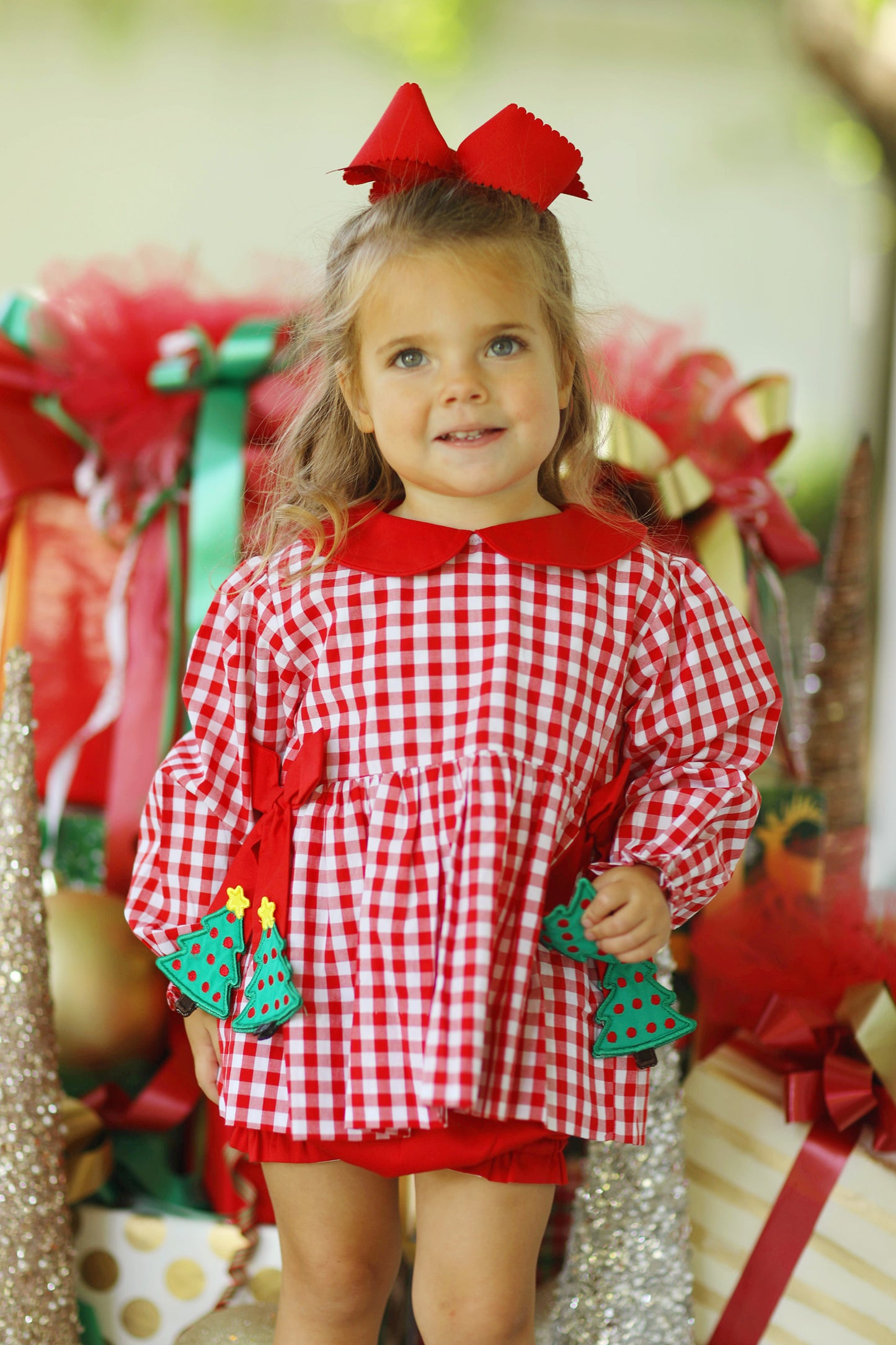 Christmas Tree Applique Red Bow Gingham Bloomer Set